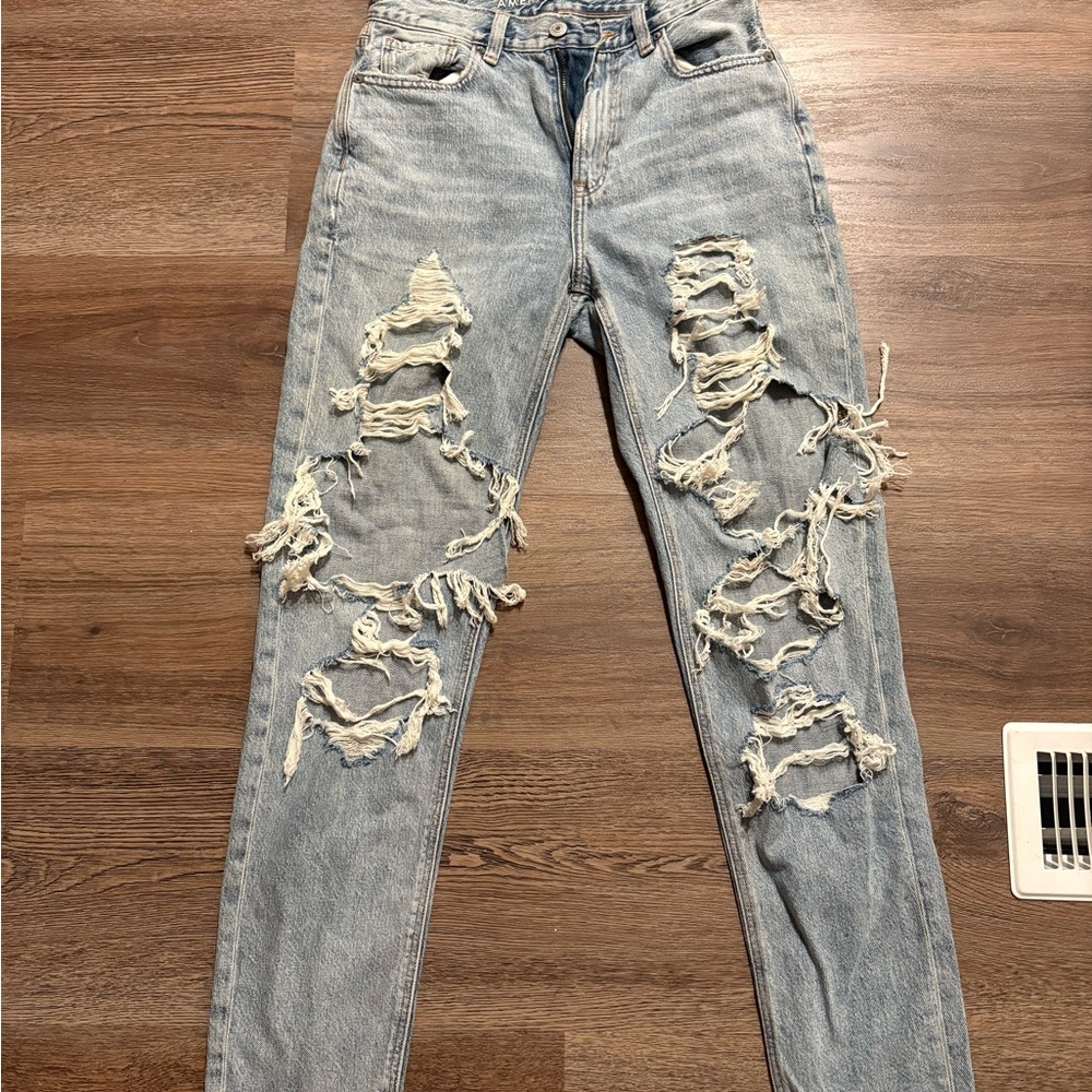 American Eagle Outfitters Ripped Light Blue Straight Leg Jeans